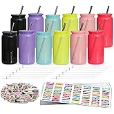 Paoren 16 oz Plastic Cups Reusable with Lids and Straws & DIY Sticker, 12Pack Acrylic Mason Jars Iced Coffee Drinking Glasses Cup for Park Picnic, Poolside, Party Giveaways, Jelly Color