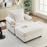 Chaise Lounge Chair with Ottoman, Comfy Cloud Corduroy Accent Single Sleeper Sofa Chair with USB Charging &amp; Storage Armrests for Living Room Bedroom Office, Adjustable Backrest, Beige