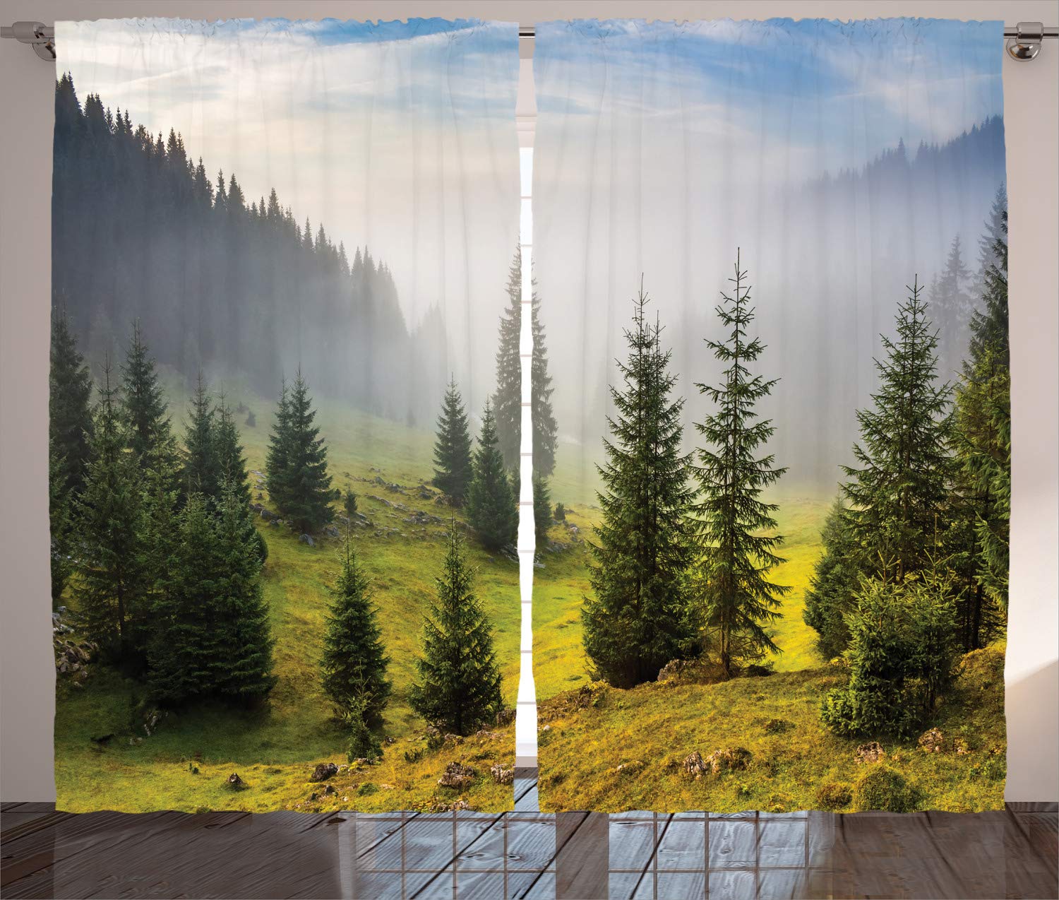 ABAKUHAUS Forest Curtains, Fir Trees on Meadow Between Hillsides with Conifer Forest in Fog Before Sunrise, Living Room Bedroom Window Drapes 2 Panel Set, 69 L X 110 W, White Green