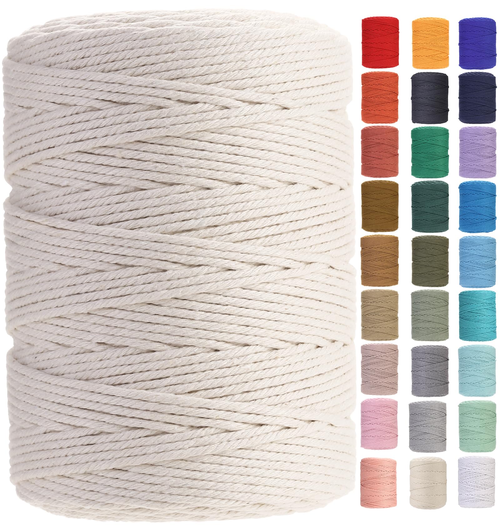 GOHOF Macrame Cord 3mm x 450m Premium Cotton Macrame Rope, 4 Strand Twisted Soft Cotton Cord, One of The Most Perfect Materials for Macrame Art, Cotton String Without Chemicals (Beige)