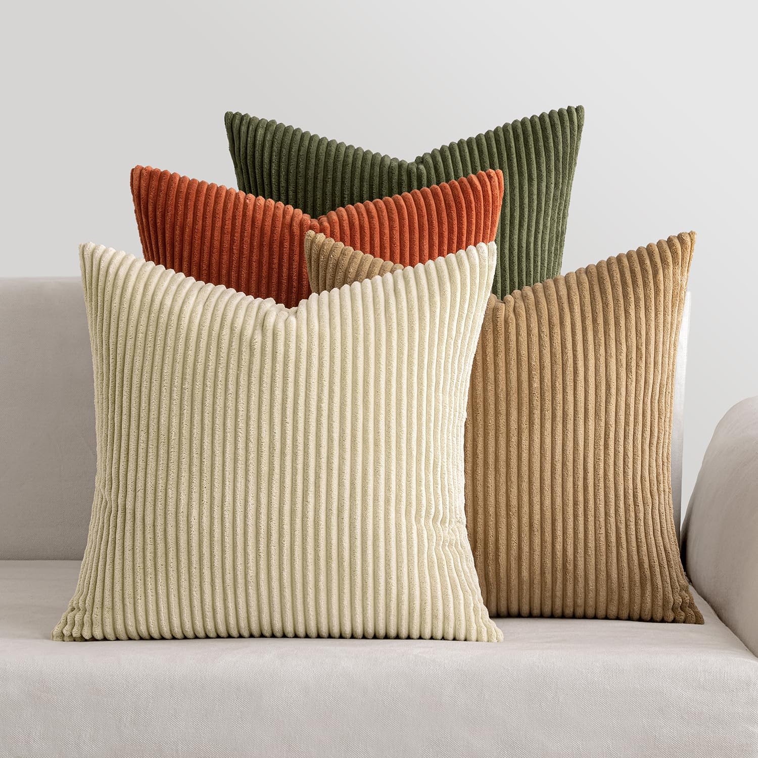MIULEE Corduroy Cushion Covers Soft Decorative Square Throw Pillow Covers Cushion Soft Pillowcase Striped Pack of four for Home decor Sofa 45cm x 45cm,18x18 Inches Brown green series — image 1