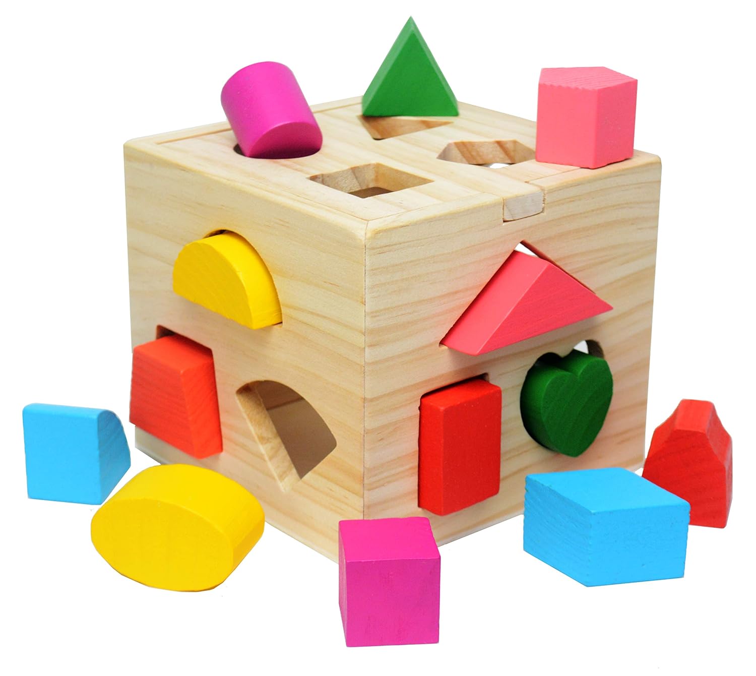 Shape Sorting Cube Toys With 13 Pcs Wooden Blocks, colorful Sorter Game Toddler Grip solid Build
