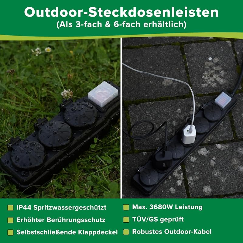 6-Fach Steckdosenleiste, Außensteckdose, Outdoor, Mehrfachsteckdose, Steckerleiste, IP44, mit beleuchtetem EIN/Aus Schalter, erhöhter Berührungsschutz, Länge: 3m, 16496O
