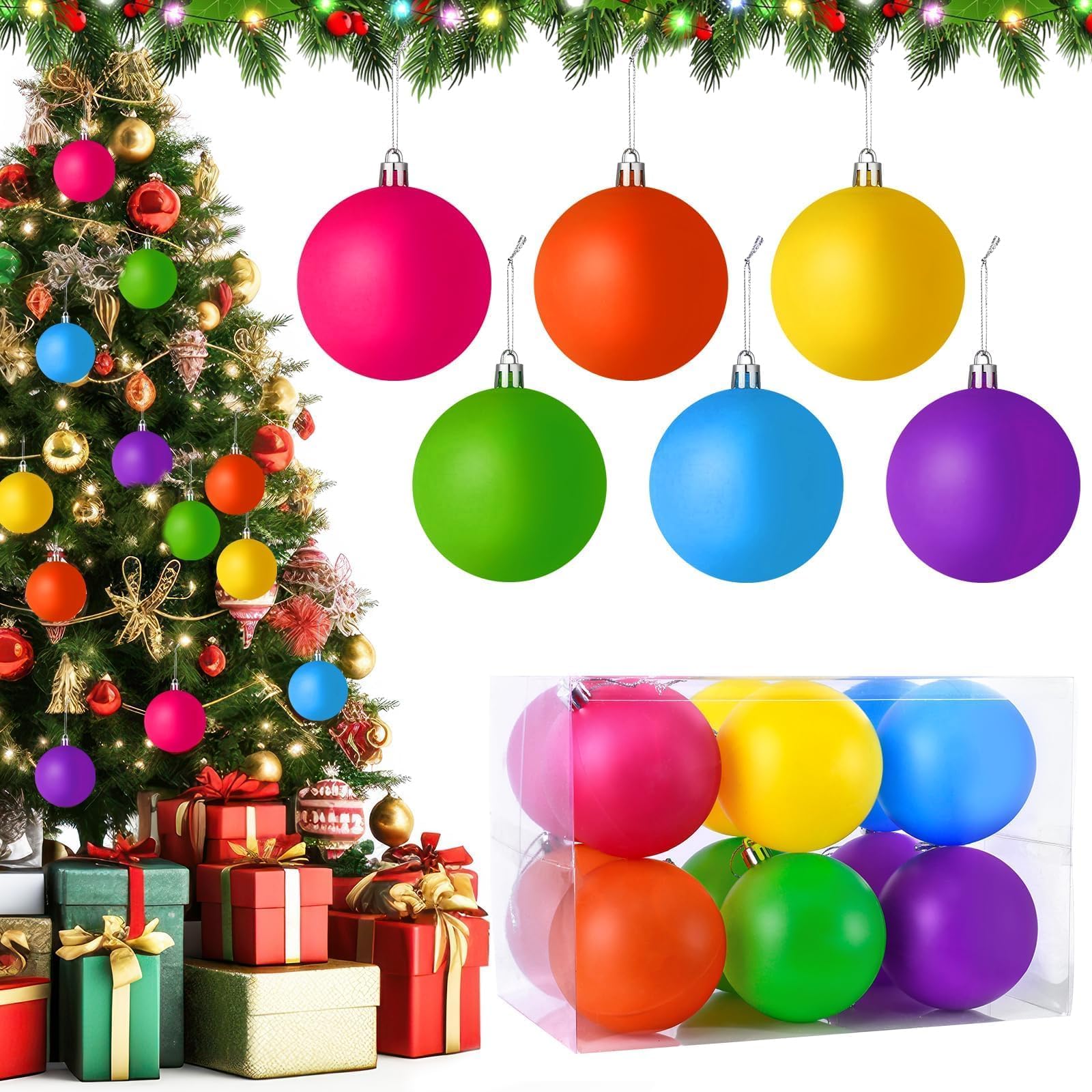 Photo 1 of 12 PCS 3.15 Inch Large Neon Color Christmas Ball Ornaments Living Room Garden, Shatterproof Christmas Tree Ornament Set Large Ball Pendant for Xmas Party Supplies