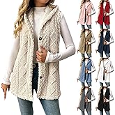 Long Vest for Women Sleeveless Cable Knit Open Front Cardigan Oversized Sherpa Vest Jacket Button Hooded Sweater Coat