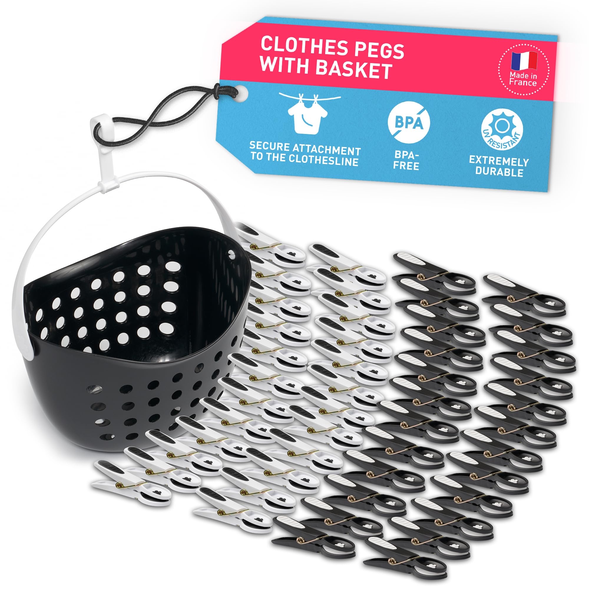 48 clothes pegs with sturdy basket/black peg basket, clothes pegs without marks, clothe peg, large soft clips in black and white, clothe peg basket for hanging on clotheslines and drying racks