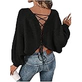 RoseSeek Women's Off Shoulder Lace Up Open Back Sweaters Long Sleeve Loose Pullovers Casual Knit Fall Tops