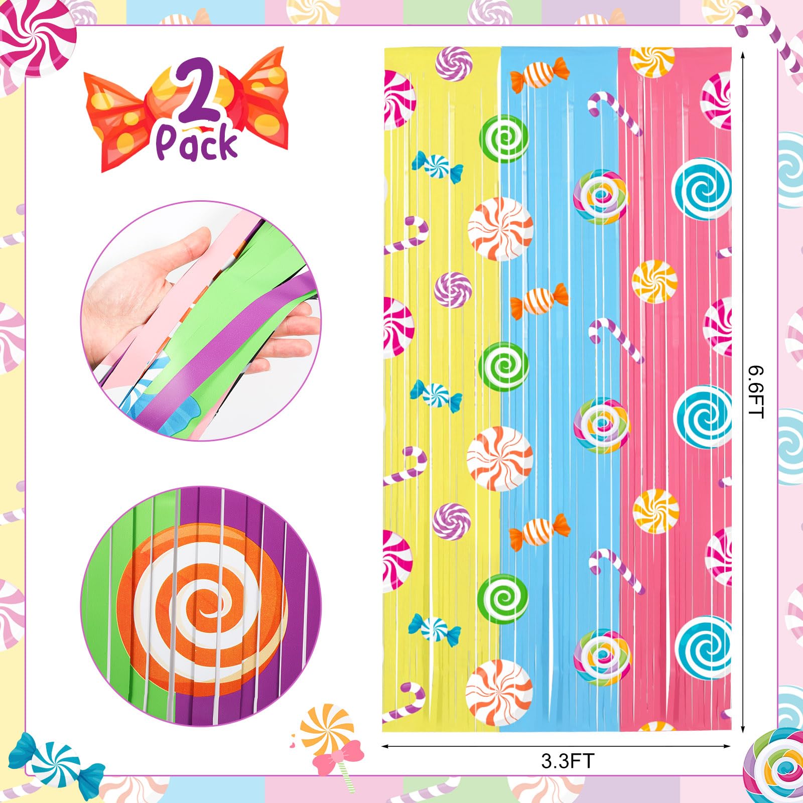Blosssound 2 Packs Candyland Party Decorations 3.3 x 6.6 ft Candy Foil Fringe Curtain Dark Sweet Candy Tinsel Streamers for Lollipop Candyland Birthday Baby Shower Sweet Shop Party Decoration