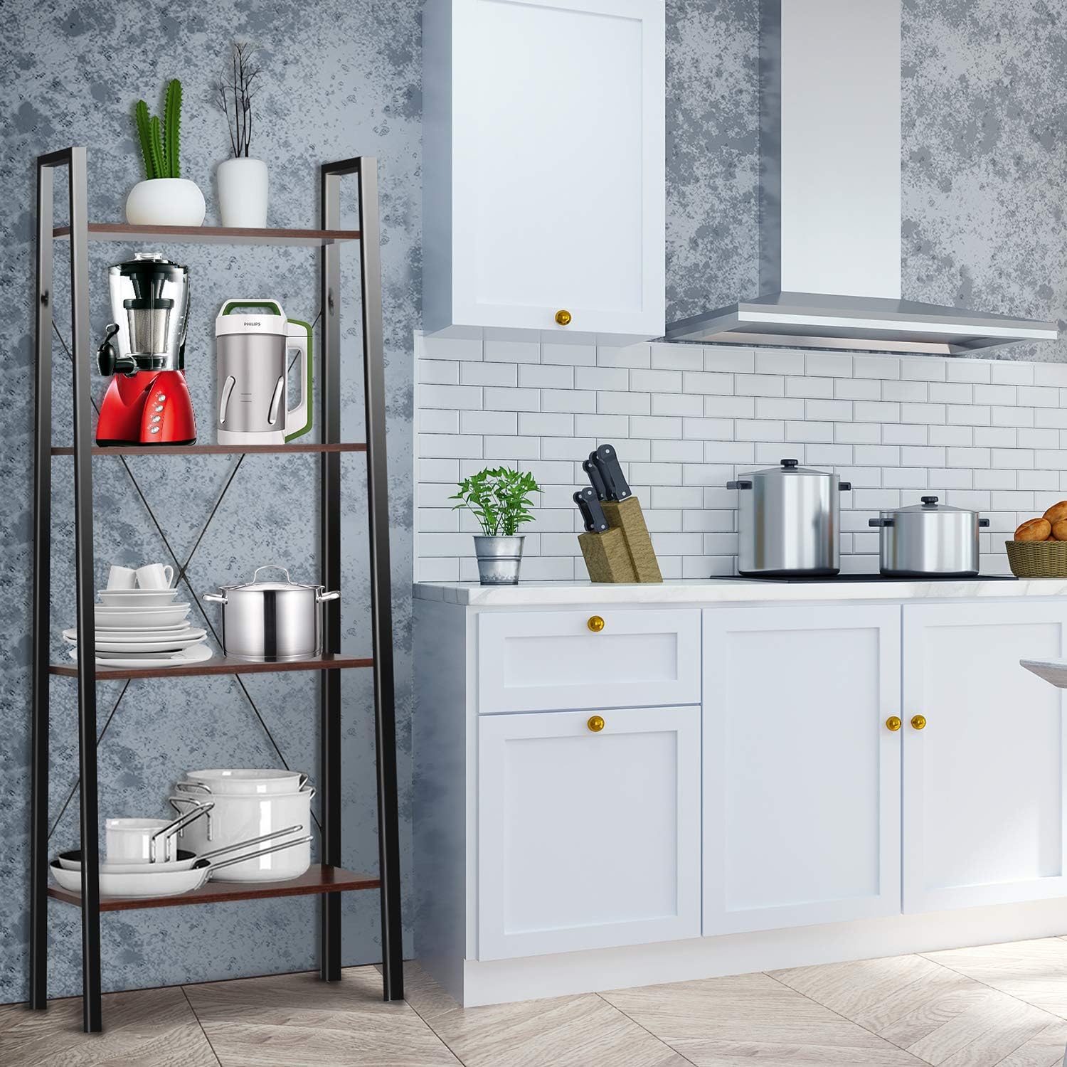 Industrial Ladder Shelf, 4-Tier Bookshelf, Free Standing Bookcase Storage Rack Shelves Plant Flower Stand with Wood Look for Living Room, Bedroom, Kitchen, Bathroom, Home Office, Balcony by Pipishell: Furniture & Decor