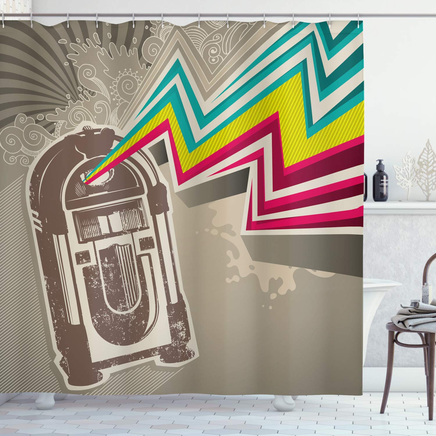 ABAKUHAUS Jukebox Shower Curtain, Antique Vintage Retro Radio Party with Colorful Zig Zag Design Image, Cloth Fabric Bathroom Decor Set with Hooks, 78 Inches, Pale Grey and White