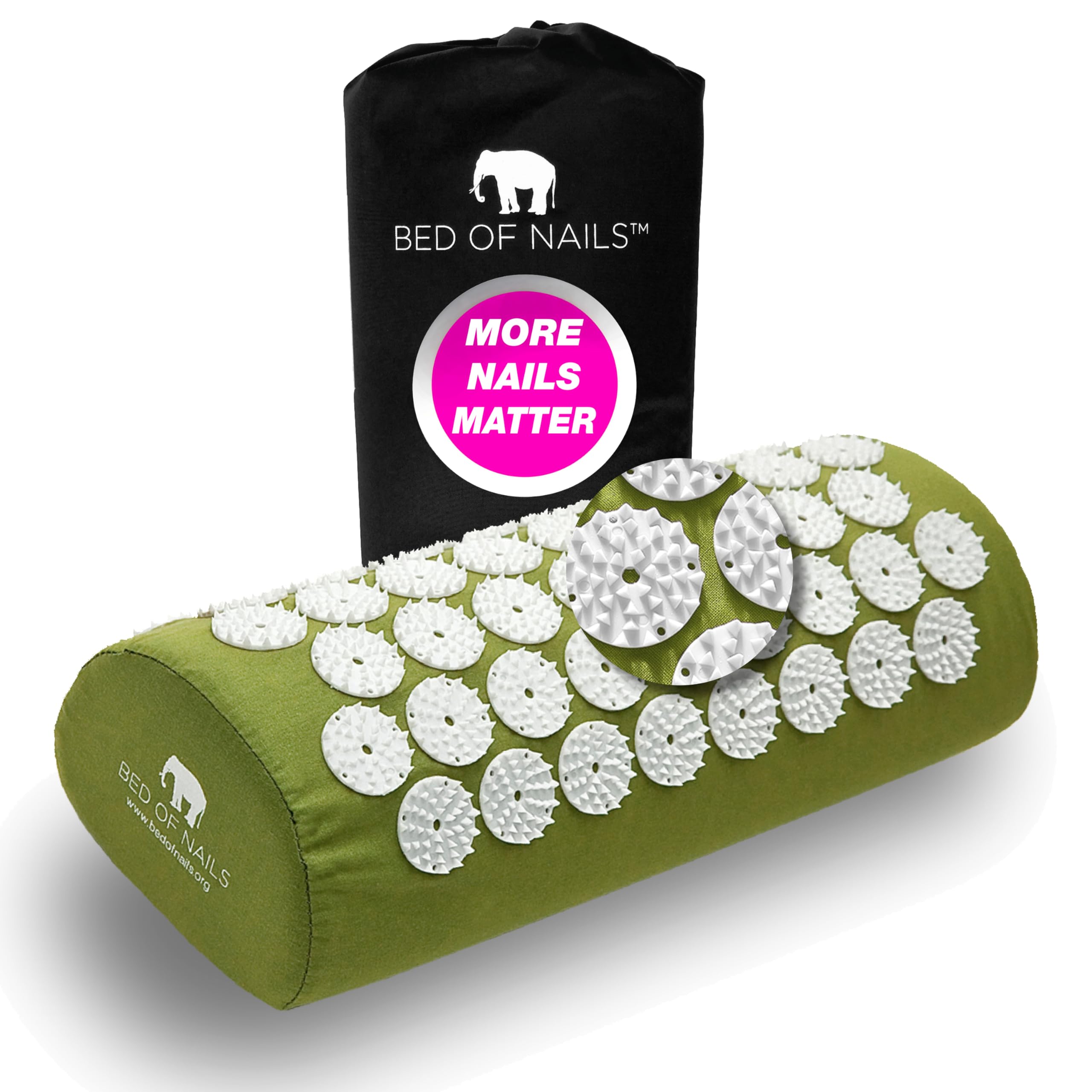BED OF NAILS Original Acupressure Pillow — 2,142 Pressure Points — Acupuncture Bolster Massage Pillow for Neck and Shoulder Pain, Stress & Back Pain Relief — Carry Bag, 38 x 15 x 10 cm, Green