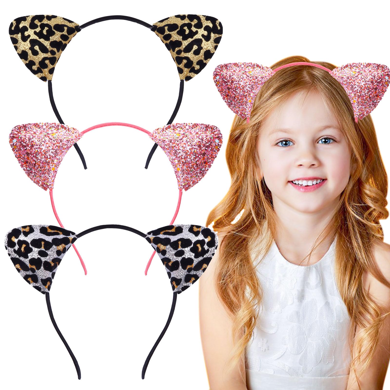 MUNSKT 3 Pcs Leopard Ears Headband with sequins, Gold Leopard, Silver Leopard, Pink Sequin Headband, for Dress Up Parties, Cosplay, Halloween, Carnival, Concerts, for Girls and Women