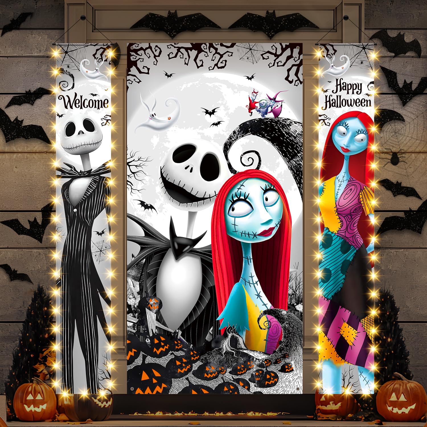 Photo 1 of ***LIGHTS NON-FUNCTIONAL*** Halloween Door Decorations, Nightmare Jack Skellington Halloween Decorations Porch Sign and Door Cover, Glow in Dark All Hallows' Eve Outdoor Indoor Party Banner