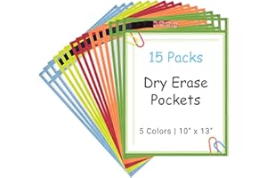 Ndsox 15 Packs Oversized Dry Erase Pockets Reusable Plastic Sleeves, 5 Colors Shop Ticket Holders & Sheet Protectors Document Sleeves for Teachers, Classroom Organization, School Supplies Must Have