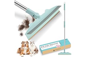 AFunkoo Dual Sided Pet Hair Remover-Telescopic Long Handle Carpet Rake for Dog Cat Hair Removal & Silicone Metal Fur Scraper Tool Reusable for Wet Dry Surfaces Rugs Mat Stairs Bathroom Tile - Green