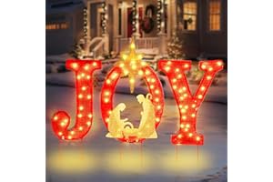 COSYGLIM Christmas Joy Yard Decoration, 90 LED Lighted Outdoor Nativity Set 33inch Lawn Religious Scene Decor with Timer and 8 Lighting Modes for Patio Garden Xmas Party Home, Ground Stakes - Red/Golden