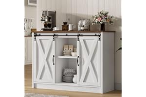 4 EVER WINNER Coffee Bar Cabinet with Sliding Barn Doors, 42”Farmhouse Buffet Cabinet with Storage for Kitchen, Coffee Bar with Adjustable Shelf for Dining Room, White