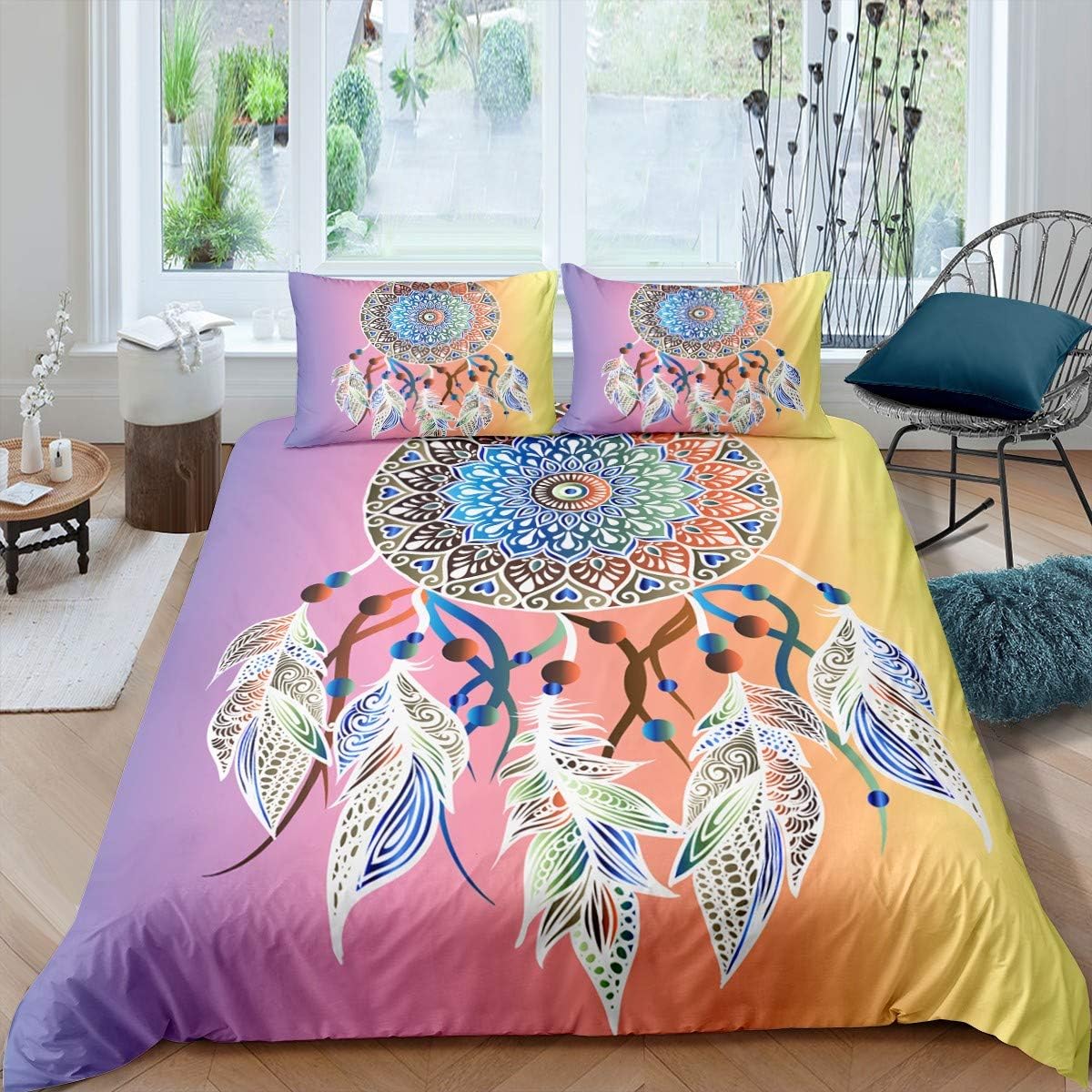 Amazon Com Girls Teens Bedroom Bohemian Theme Dream Catcher Printed Comforter Cover Indian Hippie Feather Print Bedspread Quilt Cover Boho Bedding Duvet Cover Set Gradient Pink Decor 3 Pcs Queen Size Home
