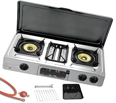 GC-87C Edelstahl 3 flammig Gaskocher mit Deckel Campingkocher 9,7 KW mit Grill Ofen Gasgrill