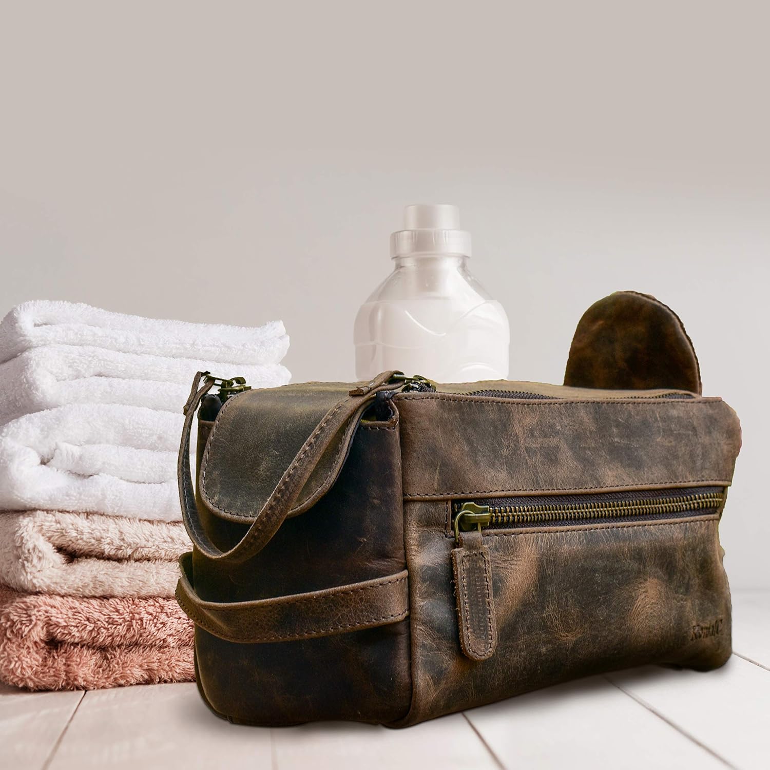 KOMALC Genuine Buffalo Leather Unisex Toiletry Bag Travel Dopp Kit (Distressed Tan) : Beauty