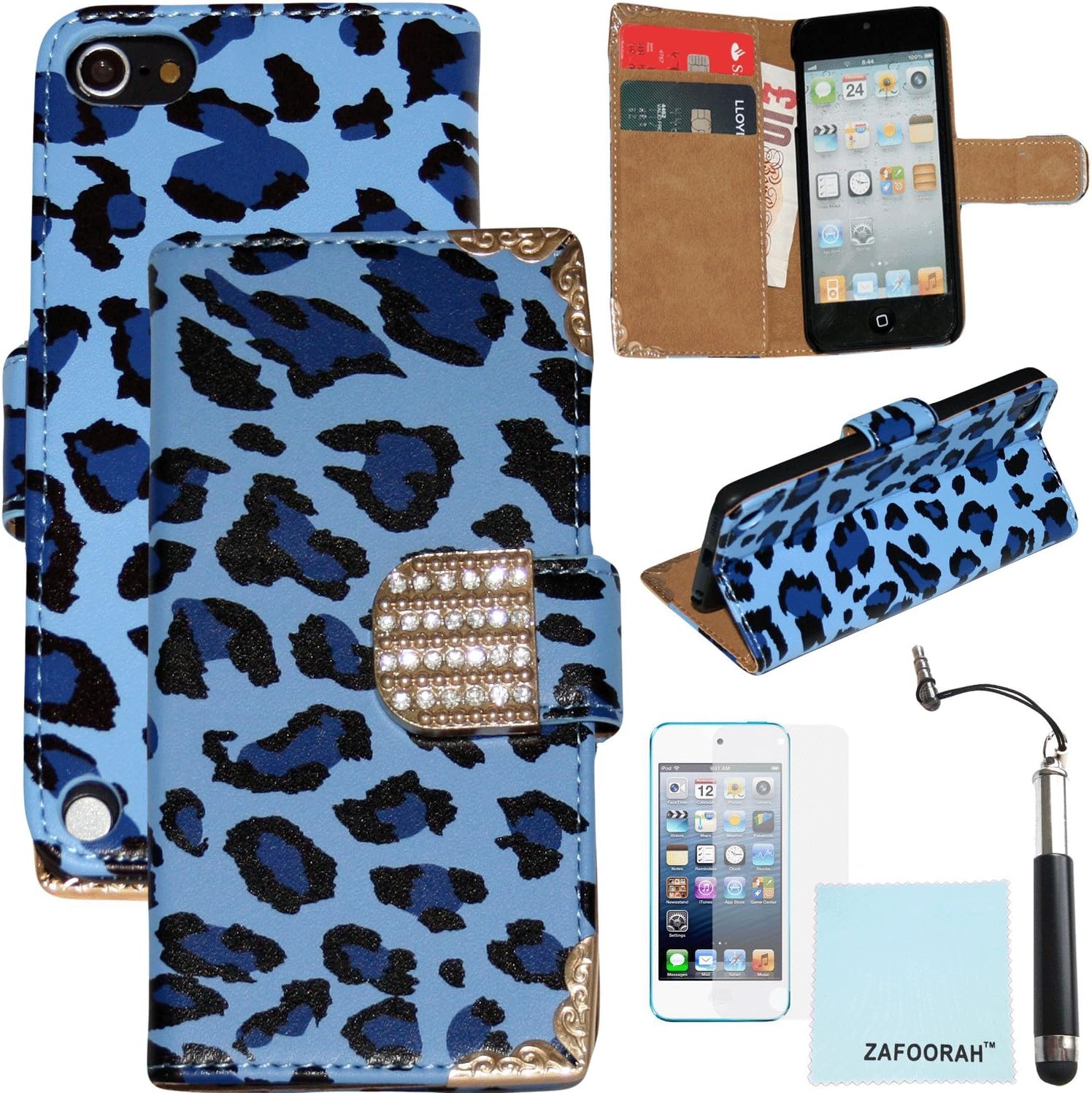 iPod Touch 5th 6th Generation Genuine Leather Case, iPod Touch 5/6 Case Genuine ZAFOORAH Credit Card Wallet Stand with 3 Bonus items Stylus, Screen Protector, Microfiber Cloth (Genuine Leather Wallet Stand - Leopard - Dark Blue)