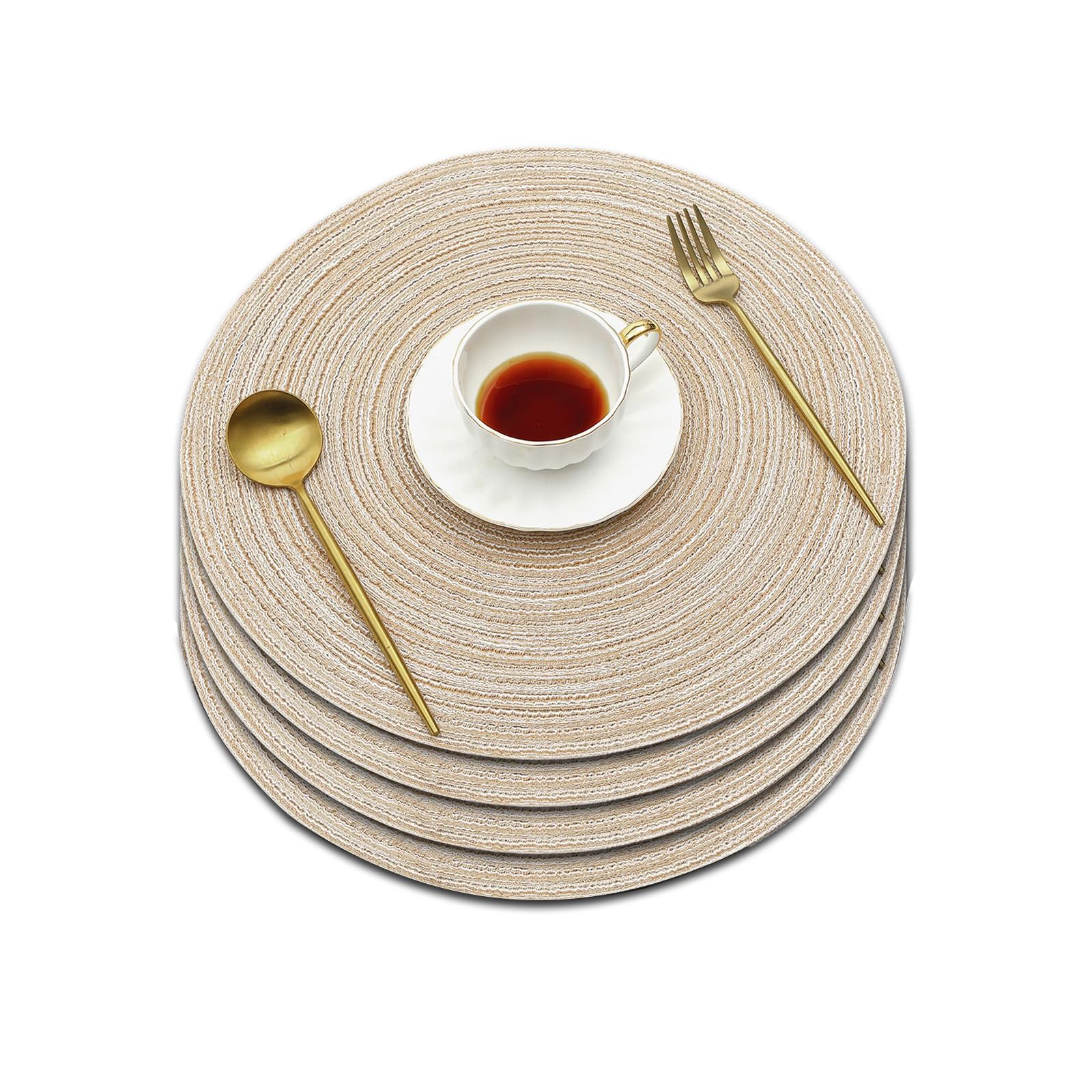 Soulnioi Cotton Place Mats Round Table Placemats 38cm Heat Resistant Washable Table Mats for Kitchen, Dining Table, Set of 4 - Light Coffee