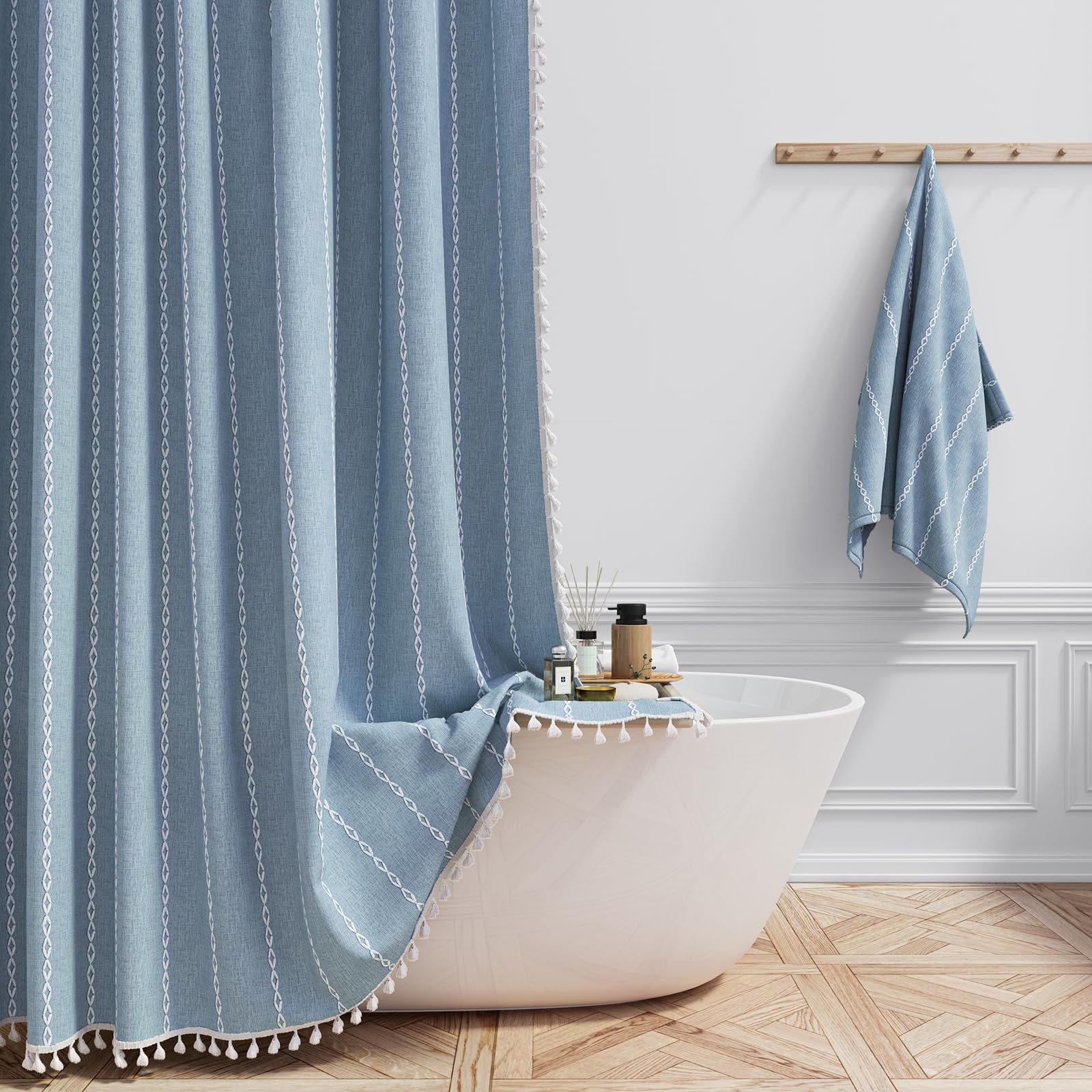 Photo 1 of BTTN Extra Long Shower Curtain, 96 Inch Boho Rustic Striped Fabric Shower Curtain Set with Tassel, Water Resistant, Large Bohemian Chic Farmhouse Shower Curtain for Bathroom with Hooks, 72x96, Blue