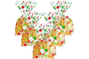 HESTYA 50 Counts 5 x 11 Inches Christmas Flat Clear Cellophane Treat Bags Block Bottom Patterned Storage Sweet Bags Twist Ties for Xmas Party Favor(Green, Red Wave Point)