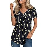Zeagoo V Neck Short Sleeve Shirts for Women Dressy Casual Blouses Pleated Summer Tunic Tops