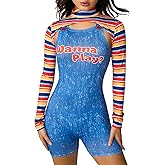 PMIYS Womens Scary Nightmare Killer Doll Halloween Costumes Movie Character Bodysuit Set Fancy Dress Outfits