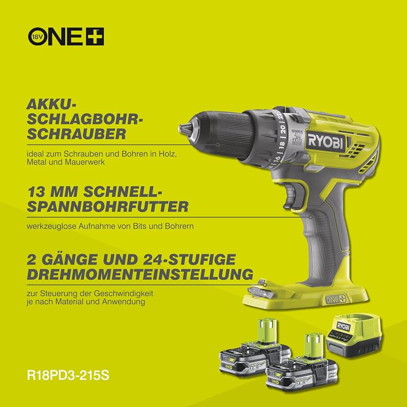 18V ONE+ 2-Gang Akku-Schlagbohrschrauber R18PD3-215S (13mm Bohrfutter, 24 Drehmoment Einstellungen, Max. Bohr Ø in Holz|Stahl|Mauerwerk 38/13/13, inkl. 1 x 4,0 Ah, 1 x 2,0 Ah Akku & Ladegerät)