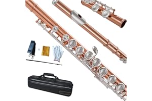 KAYATA Flute, Closed Hole C 16 Keys, Student Flute for Beginner to Advanced Player, with Cleaning Kit, Carry Bag, Strap, Probe Rod, Gloves, Silver Plated Keys, Rose Gold Body