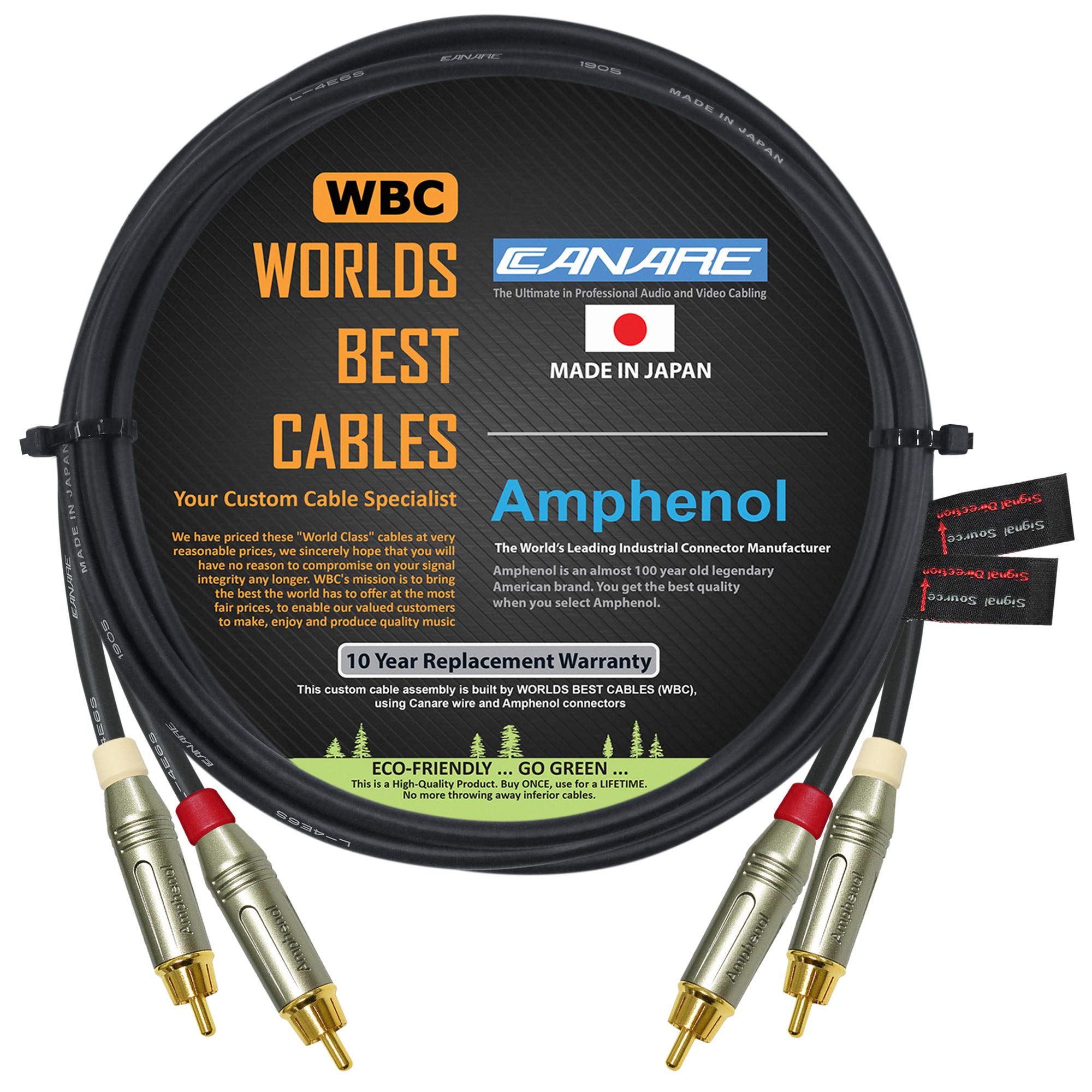3 Meter RCA Cable Pair - Made with Canare L-4E6S, Star Quad, Audio Interconnect Cable and Amphenol ACPR Die-Cast, Gold Plated RCA Connectors – Directional design for best performance