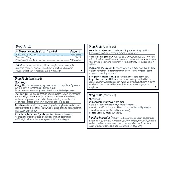 PAMPRIN MULTI-SYMPTOM FORMULA, WITH ACETAMINOPHEN, MENSTRUAL PERIOD SYMPTOMS RELIEF INCLUDING CRAMPS, PAIN, BLOATING, AND IRRITABILITY 40 CAPLETS
