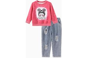 Toddler Girl 2pcs Character Print Sweatshirt and Denim Ripped Pants Set,Black,Roseo, 2 Years-6 Years
