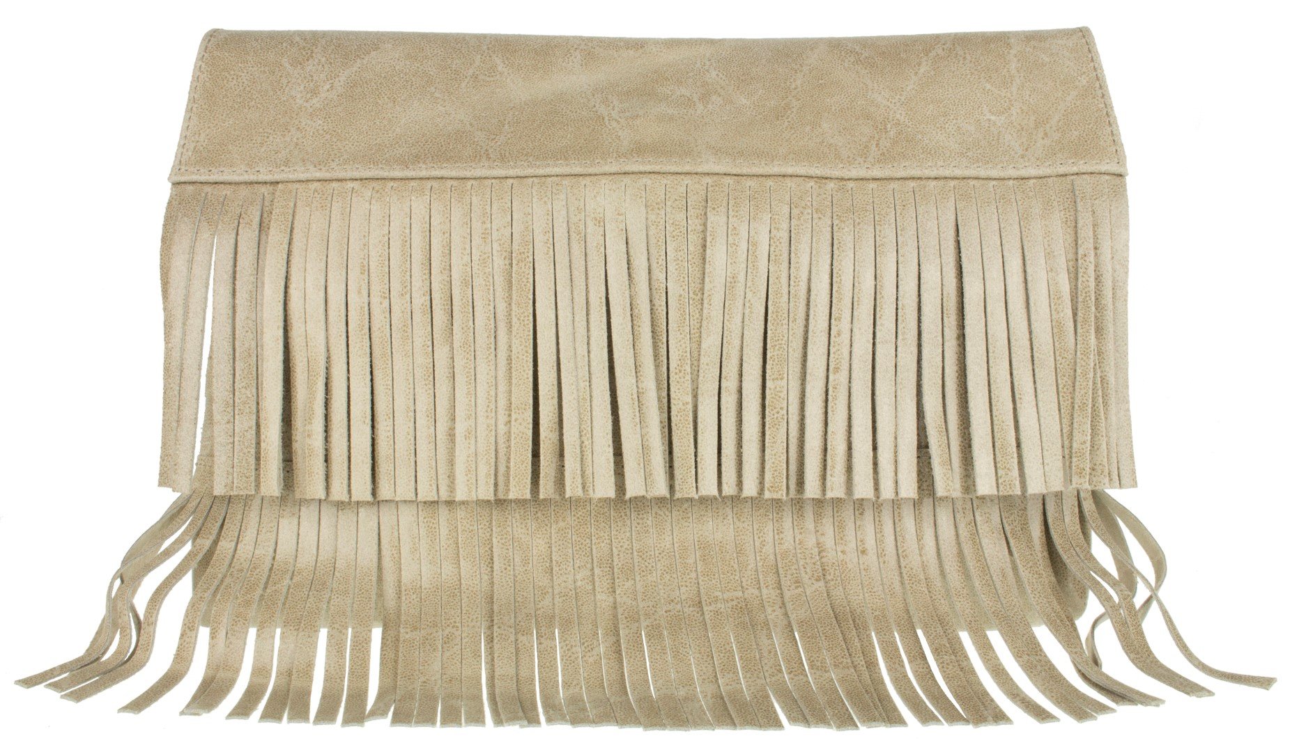 Girly Handbags Fringe Italian Suede Leather Clutch Bag - Taupe