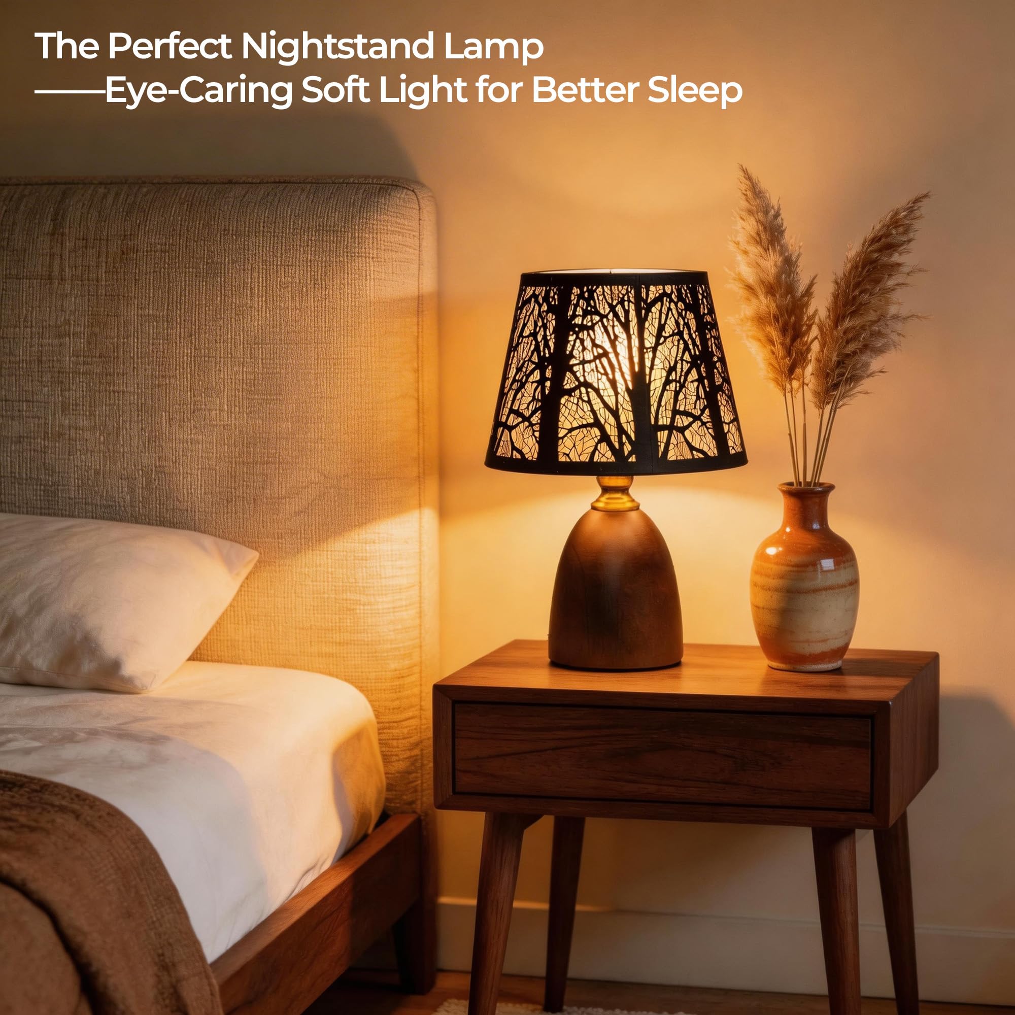 Condition photo showing As Is for 12.4" rustic forest table lamp, 3-color stepless dimmable bedside lamp with black metal tree shade & solid wood base, small decorative accent light for living room nightstand,bulb included bullet tip solid wood base + forest shadow