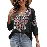 Higustar Women's Embroidered Tops Boho Floral Tunics Fiesta Shirts Peasant Hippie Clothes Traditional Bohemian Blouses