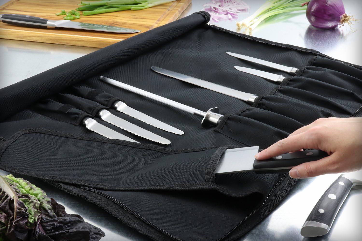 Chef’s Knife Roll Bag (14 slots) Holds 10 Knives PLUS Meat Cleaver, Utility Pocket, AND 4 Tasting Spoons! Our Durable Knife Carrier Includes Shoulder Strap and Name Card Holder. (Knives Not Included): Kitchen & Dining