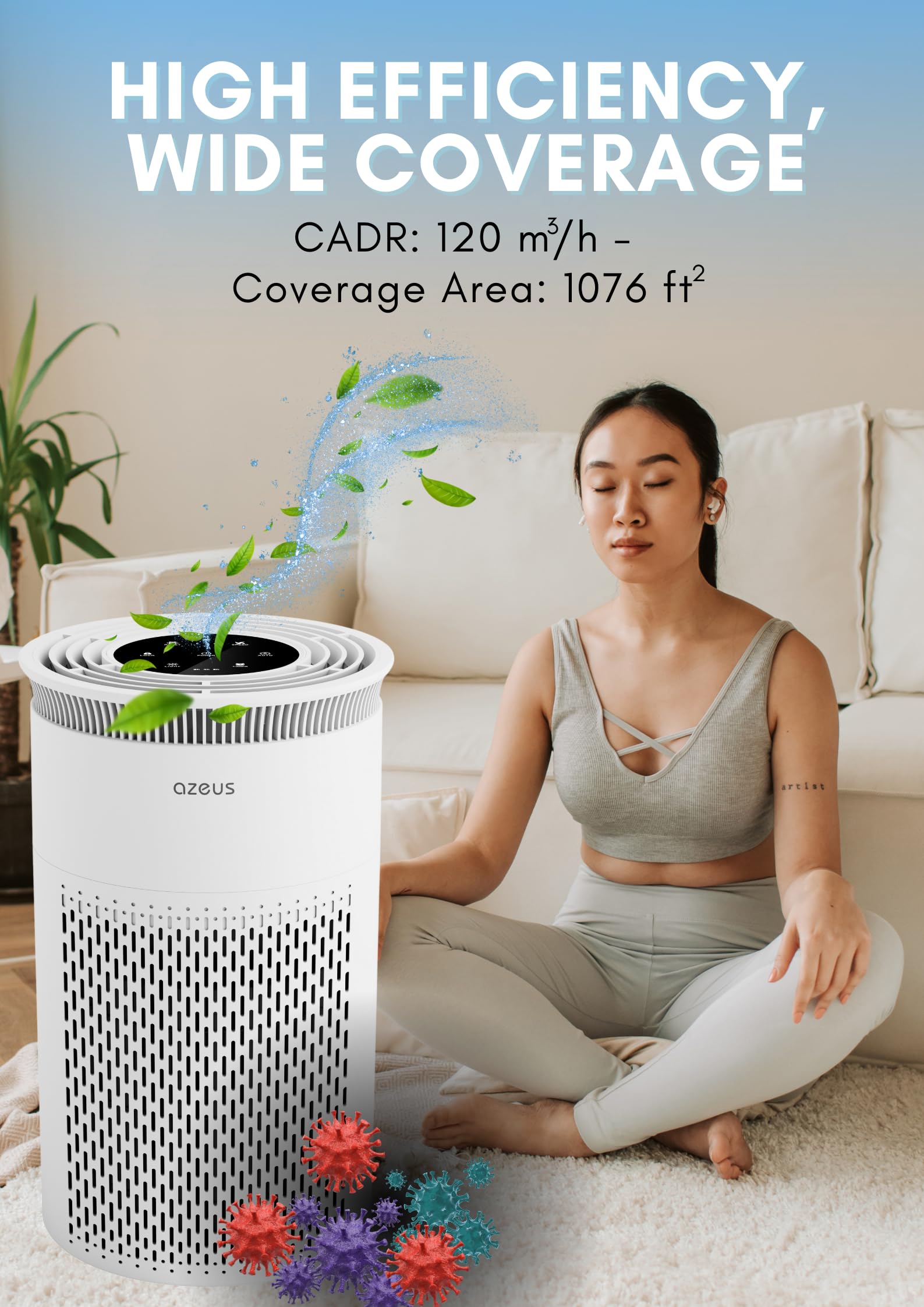 Air Purifier for Large Rooms, Home, Pets, Bedrooms, Up To 1076 ft² H13 True HEPA Filter, 25db Filtration System Cleaner Odor Eliminators, Ozone Free, Remove 99.97% Dust Smoke VOCs