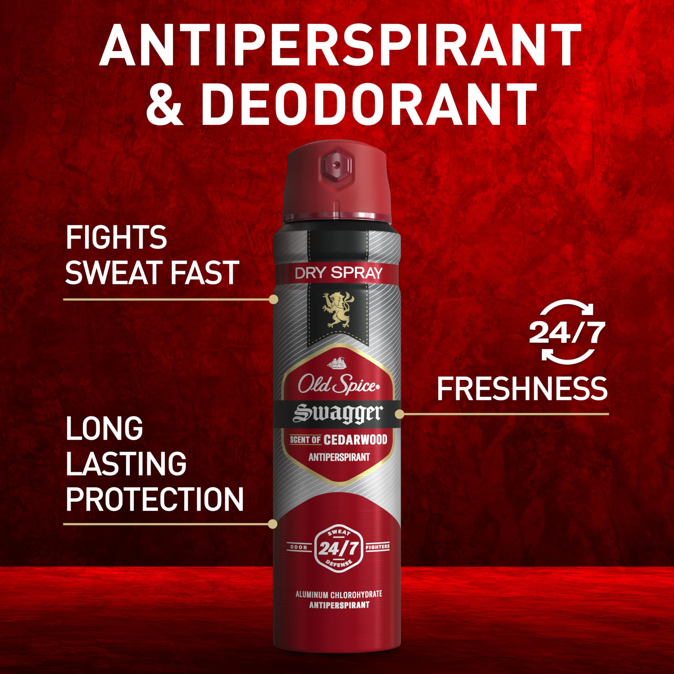 Old Spice Dry Spray Antiperspirant Deodorant for Men, 24/7 Sweat & Odor Protection, 24/7 Sweat Defense & Lasting Freshness, Swagger with Cedarwood Scent, 4.3 oz (Pack of 2)