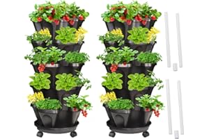 Tectsia Strawberry Vertical Planters 2 Pack, 5 Tiered Stacking Tower Garden with Support Pole, Stackable Herb Vegetable Planters Indoor Outdoor Black