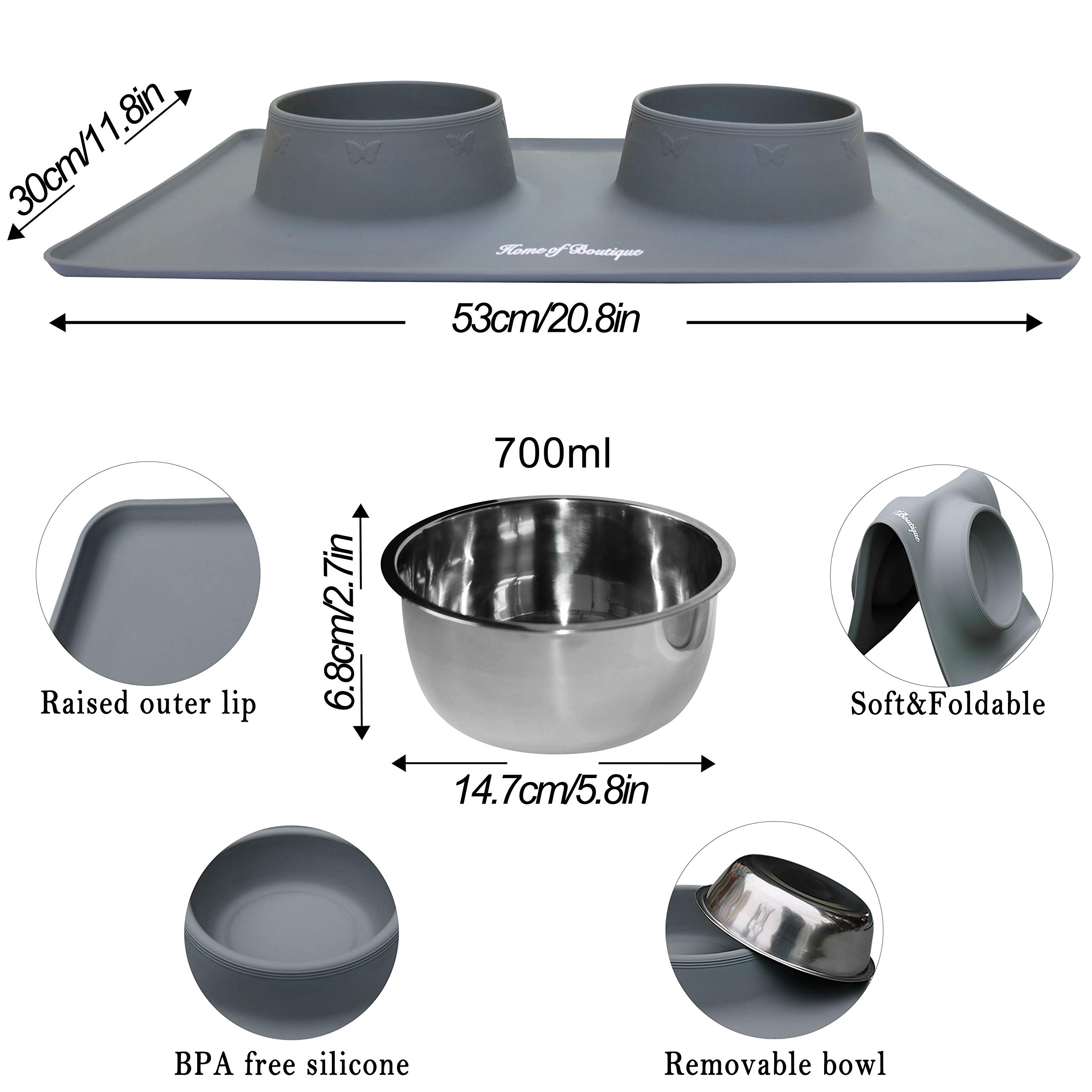 Home of Boutique Dog Bowls, Stainless Steel Pet Food Bowl, Cat Water Bowls with No-Spill Anti-Slip Silicone Mat for Large or Medium Dogs or Cats, Set of 2 Bowls (L, Gray)