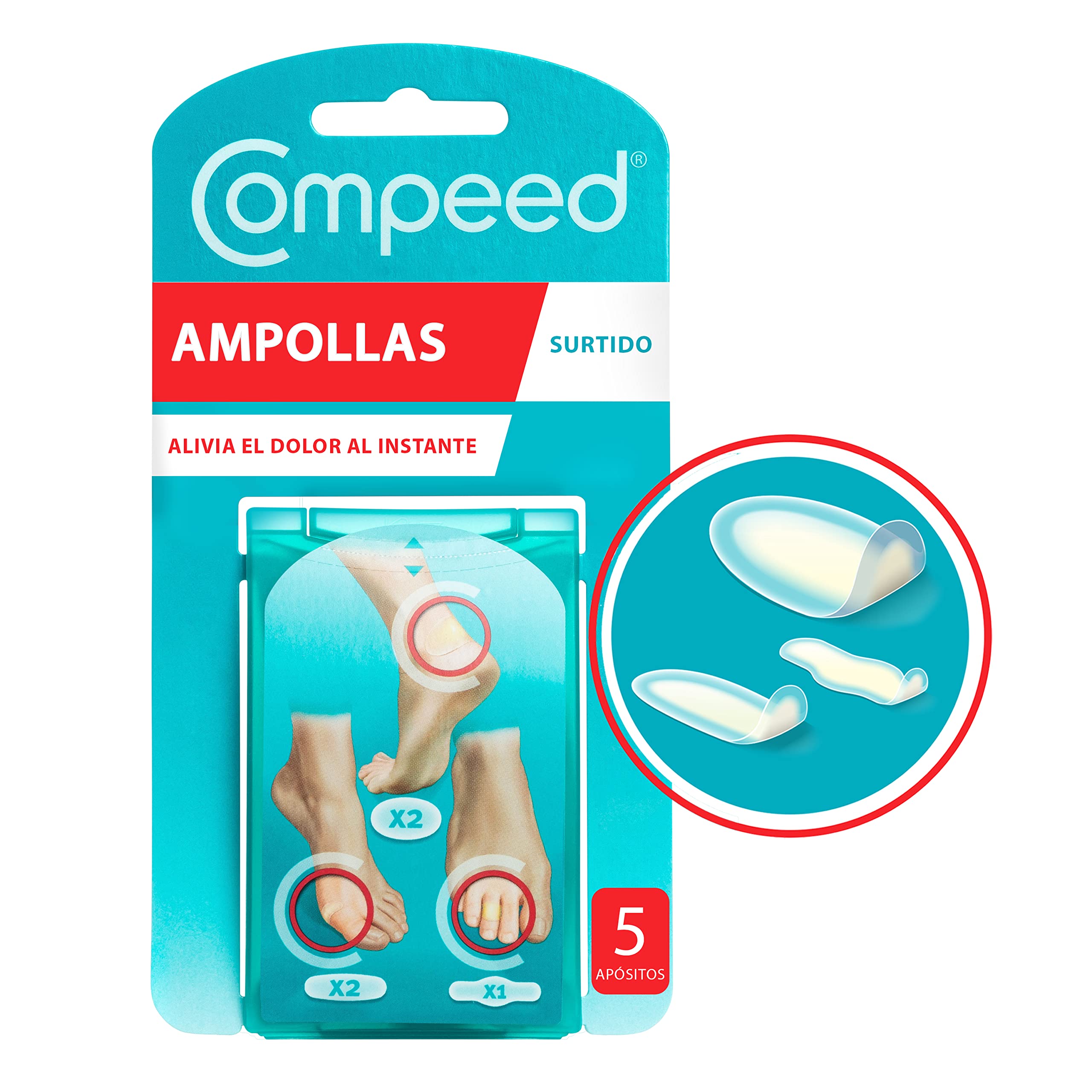 COMPEED Assorted Ampoules, 5 Hydrocolloid Dressings - Foot Treatment, One Pack Contains 2 x Medium (6.8 x 4.2 cm), 2 x Small (6 x 2 cm), 1 x Between Fingers (5 x 1.8 cm)