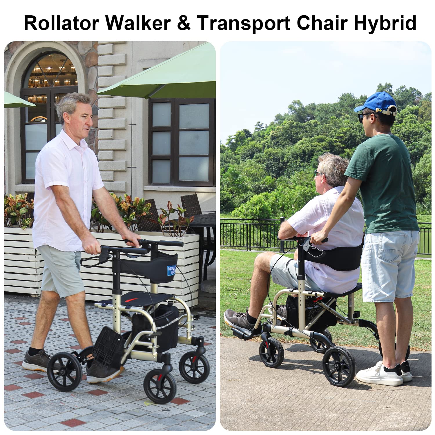WALK MATE 2 in 1 Rollator Walker Transport Chair for Seniors, 10” Wheels Medical Rollator for Seniors with Widen Seat Backrest, Detachable & Adjustable Footrests Folding Walker Wheelchair Combo, Gold
