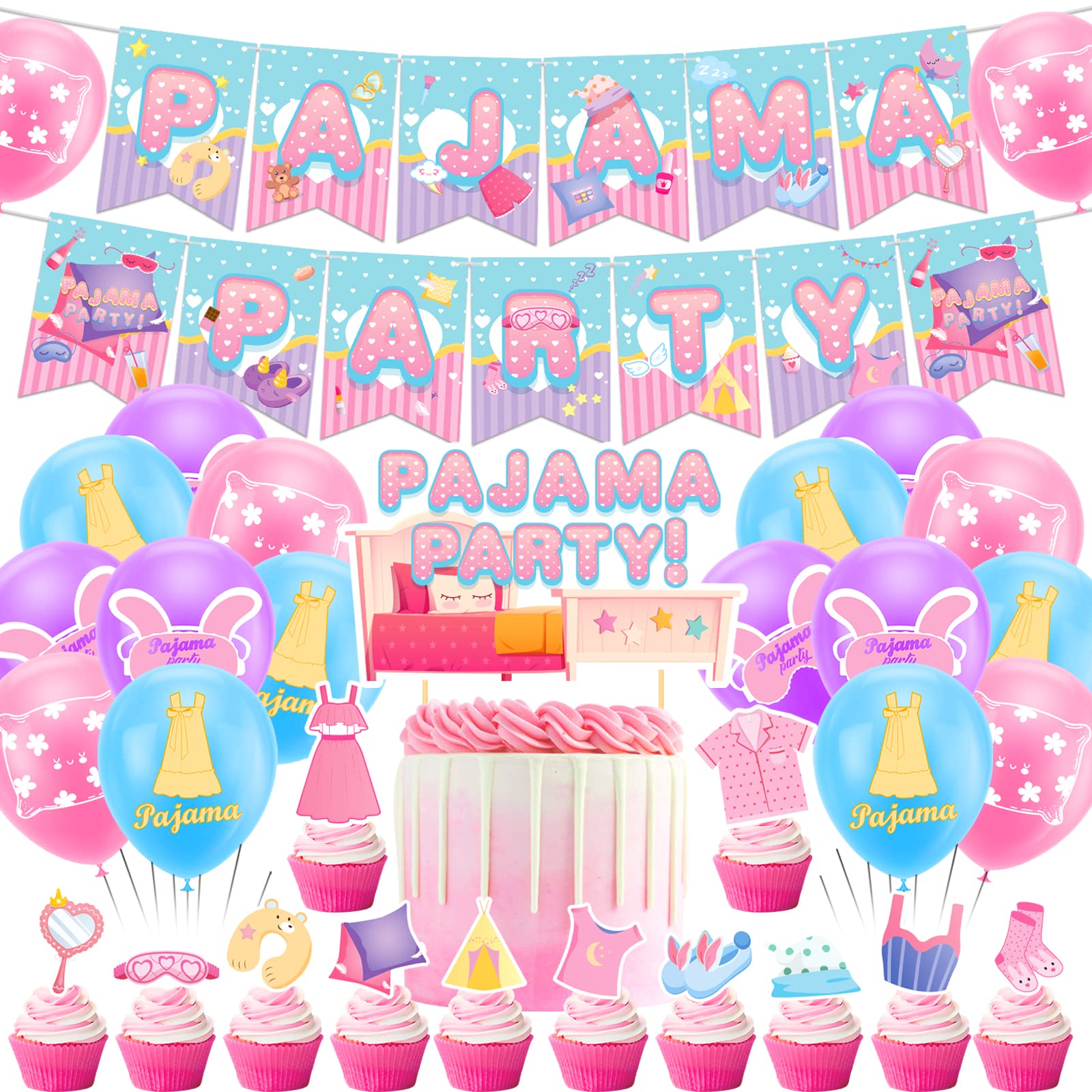 Pajama Theme Party Pajama Slumber Party Supplies Sleepover Party Decorations Includes Pajama Theme Banner Cake Topper Cupcake Toppers Balloons for Girls Spa Party Supplies
