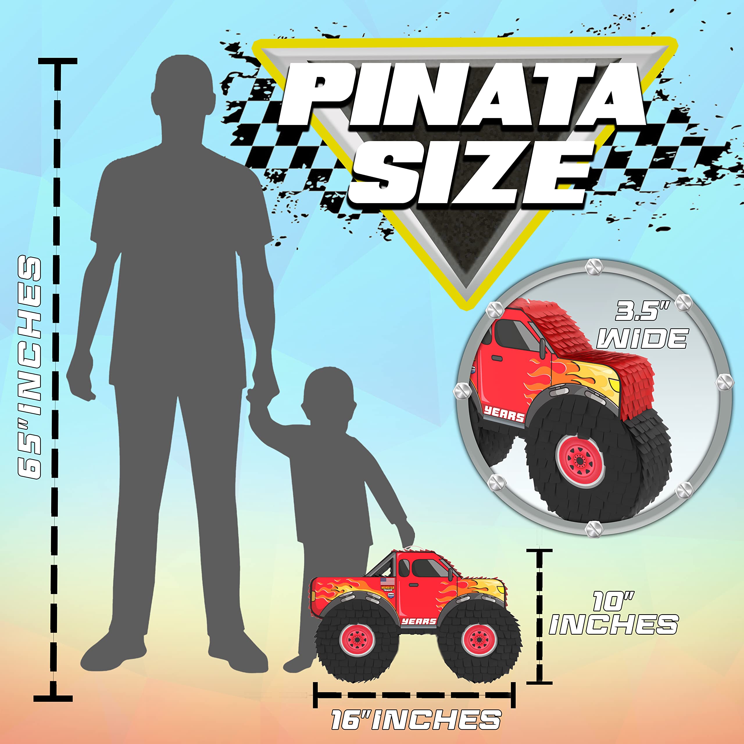 Monster Truck Piñata, 4 Piece Set, perfect for Kids Birthday Parties, Race Car Party Supplies fits piñata candy and party favors (16”X10”) durable! (Red Monster Truck)