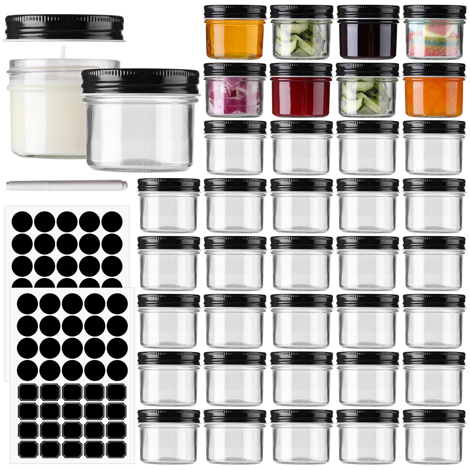Photo 1 of STARSIDE 4 oz Glass Mason jars With Regular Black Lids, 40 Pack 4 oz Canning Jars Containers for Jam, Honey, Candies,Wedding Favors, Decorations. Included 1 Pens and 80 Labels.