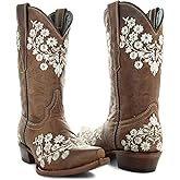 Soto Boots Women's Floral Embroidery Cowgirl Boots, Geniune Leather Handcrafted Boots M50059 Brown