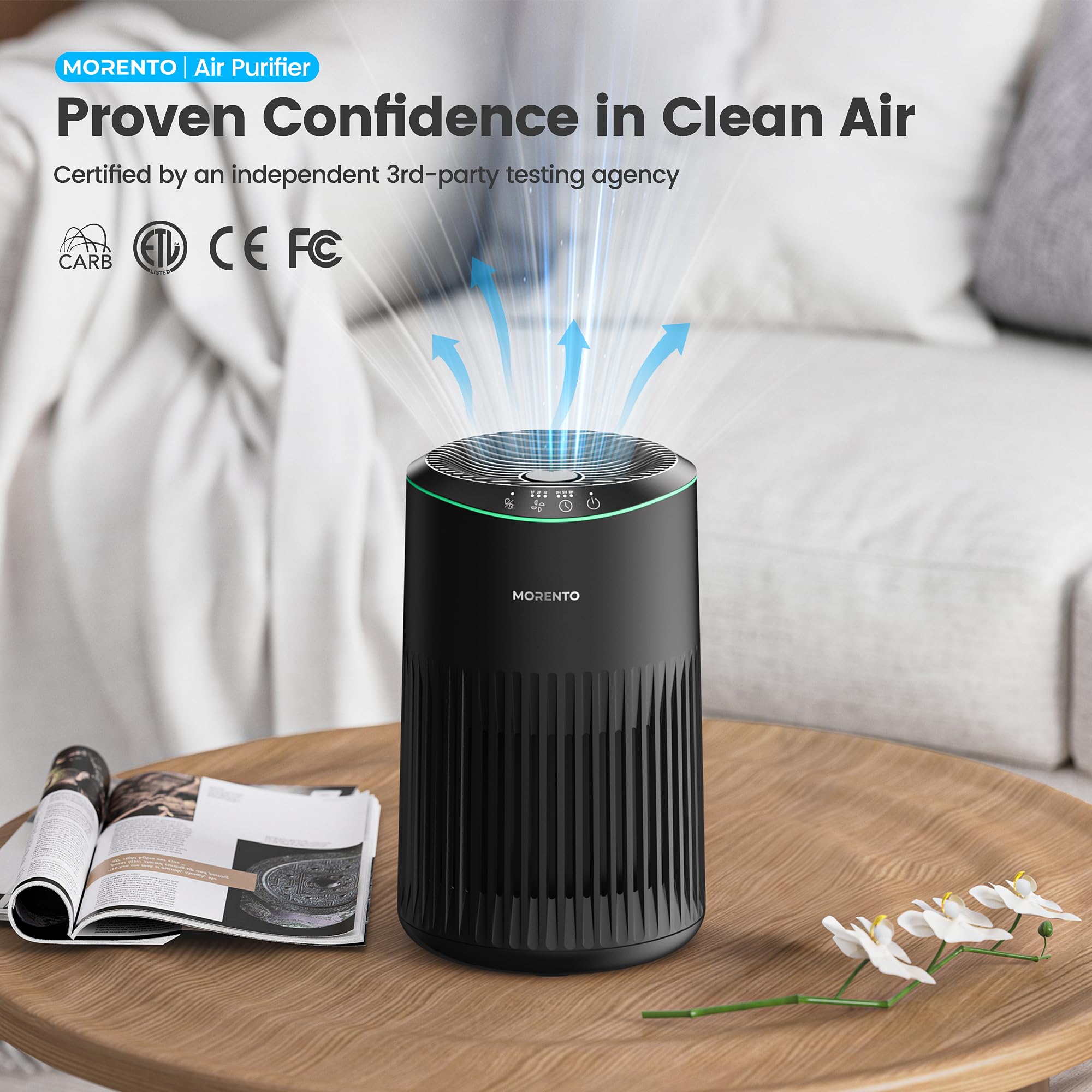 MORENTO Air Purifiers for Home, Air Purifier for Smoke Pet Dander Odors with Fragrance Sponge, Small Air Purifier with Sleep Mode for Bedroom Office, Blue Ambient Light, MR2566, Black, 1 Pack+3 Modes